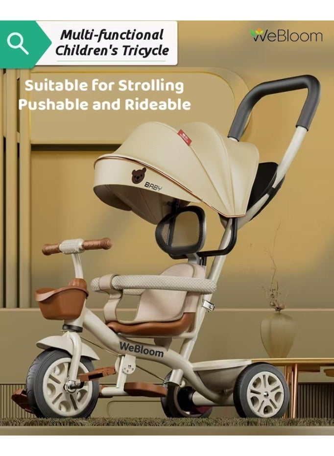 WeBloom 4-in-1 Baby Stroller, 3 Wheel Travel Stroller,2-way Swivel Seat for Toddler Boys and Girls,with Seat Belt,Adjustable Push Handle, Removable Canopy,Toddler Stroller Or Ride-On Bike with Dual Safety Brakes for 8 Months-6 Years (Beige). - Image 2